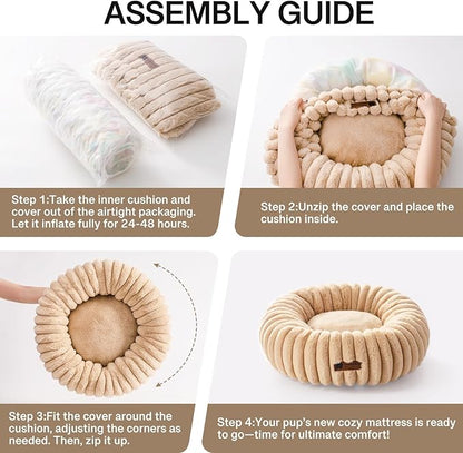 MEWOOFUN Donut Dog Beds for Small Dog, Calming Bed Round Cute Puppy Bed with Non-Slip Bottom, Fluffy Washable Pet Bed for Puppy and Kitten (Light Brown, S (25x25x7))