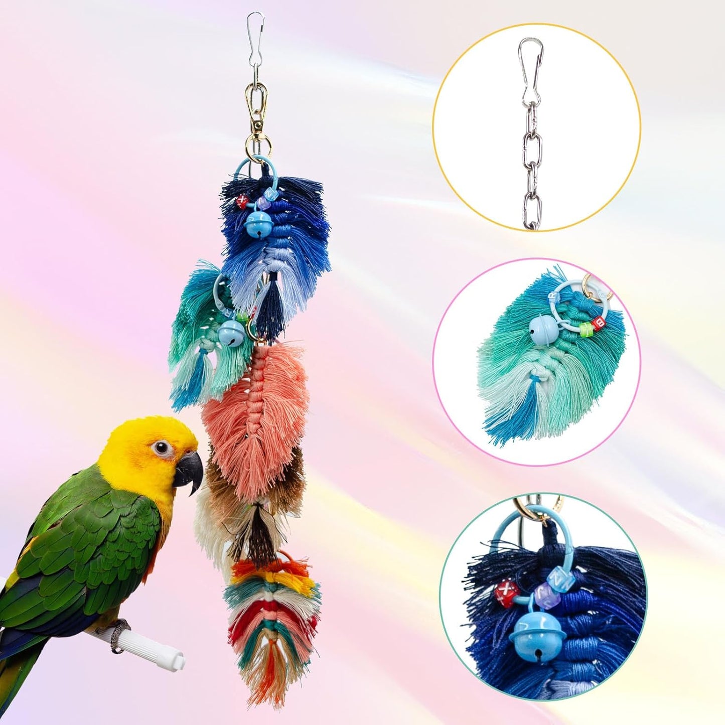 Bird Toys, Multicolor Rope Chew Toy with Metal Hook and Bells, Parakeet Toys, Bird Cage Accessories for Budgies, Cockatiels, Lovebirds, Green Cheeks, Small to Medium Birds