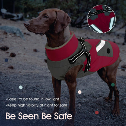 IECOii Dog Winter Coat with Harness Built in, Waterproof Windproof Dog Coats for Large Dogs, Thermal Fleece Cold Weather Jackets with Zip, Outdoor Warm Snow Jacket Reflective, Rosered, XXXL