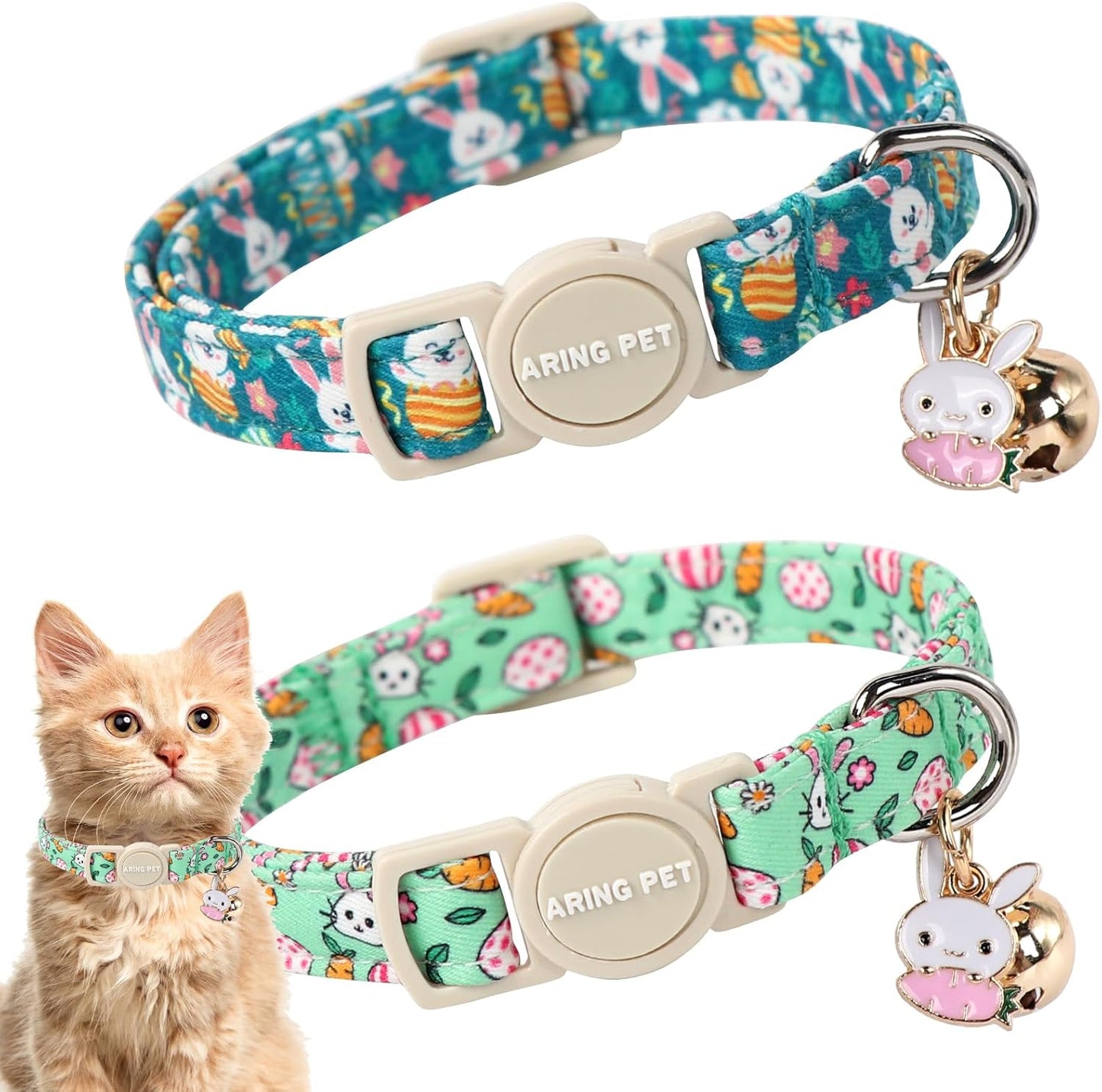 ARING PET 2 Pack Easter Cat Collars-Cute Bunny Cat Collar Breakaway with Bell&Pendant, Adjustable Green Rabbit Kitten Collars with Safety Buckle for Girl&Boy Cats