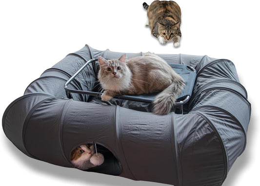 XxingSheep 2-Tier Cat Tunnel & Hammock Bed XXL, 4 Cave Shuttle with Elevated for Multiple Cats Toy Dark Grey
