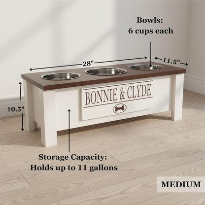 GrooveThis Woodshop - Personalized Elevated Triple Dog Bowl Stand for Large, Medium, Small, X-Small Dogs - 3 Stainless Steel Food and Water Bowls - Raised Dog Dish with Internal Storage (Medium, Blue)