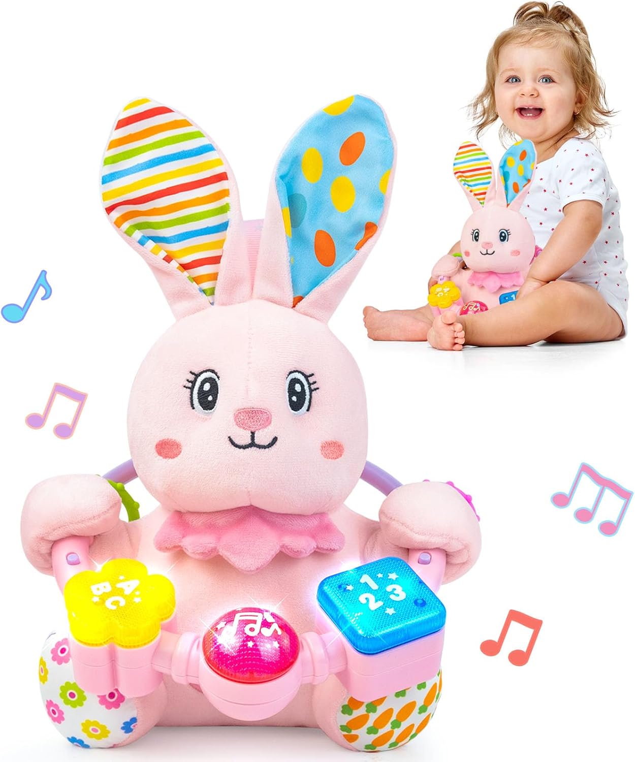Baby Rabbit Musical Stuffed Animals Toy,Infant Bunny Bilingual Early Learning Education Toy with Light-Up Music & Crinkle,1st Easter Basket Shower Stuffers for 0 1 2 3 6 9 12 18 Month Girl,Pink