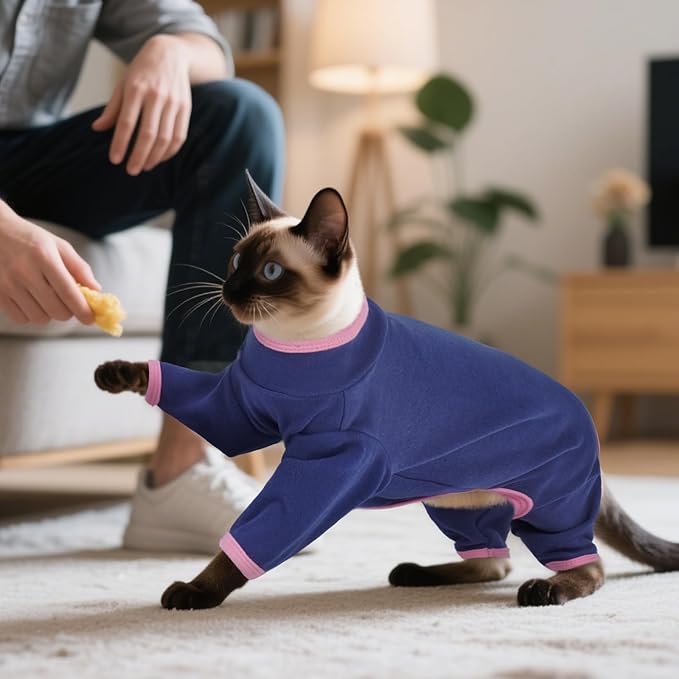 DENTRUN Cat Clothes for Hair Control with Hair Sticky Fabric - Soft Recovery Suit & Breathable Lint-Resistant Cat Sweater for Cats Only, Kitten Onesie Pajamas, XXL, Blue