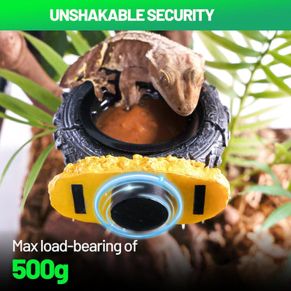 Gecko Gecko Feeder Ledge, Magnetic Reptile Feeding Ledge with 2 Food Bowls, Natural Tire-Design Resin Base for Bearded Dragon, Snake, Frog in Glass/PVC/Acrylic/Wood Tanks