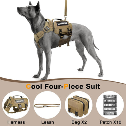 WINSEE Tactical Dog Harness with Dog Leash, Service Working MOLLE Vest with 10 Pet Patches for Large Dog, No Pull Military Harness and Backpack for Training Hunting Walking
