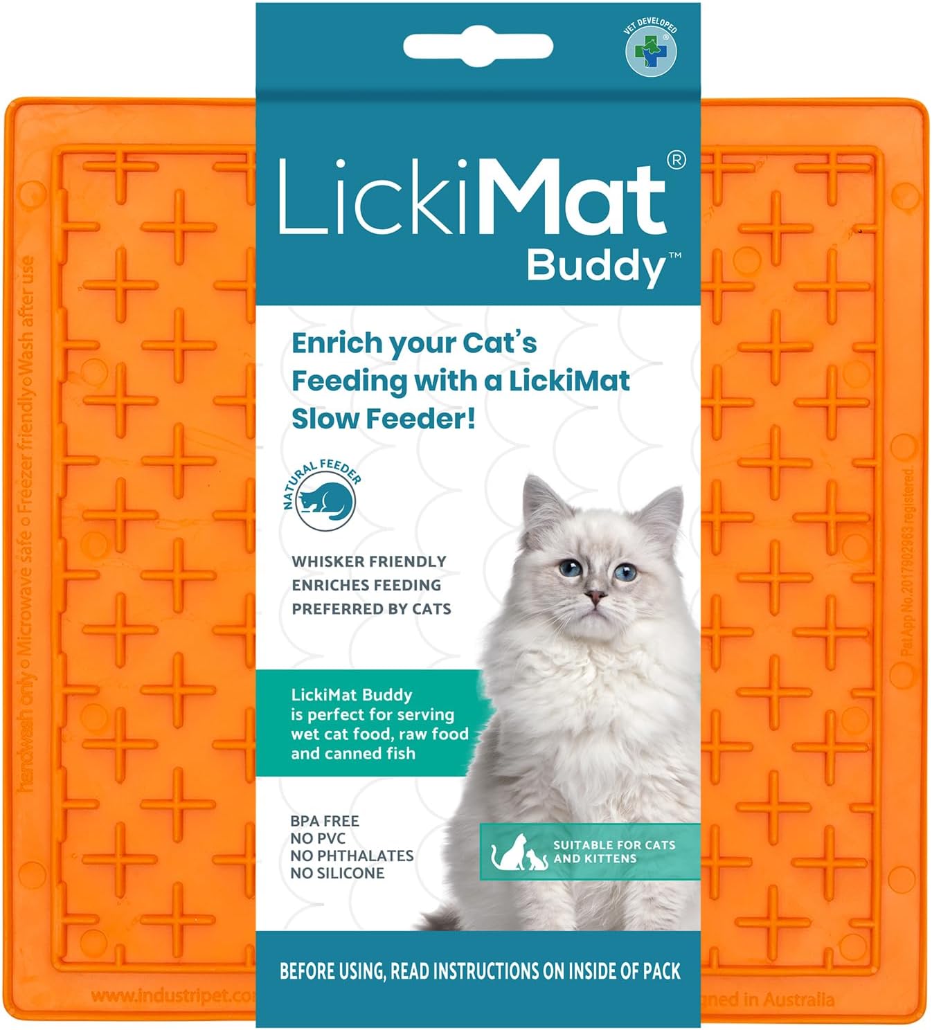 LickiMat Classic Buddy, Cat Slow Feeder Lick Mat, Boredom Anxiety Reducer; Perfect for Food, Treats, Yogurt, or Peanut Butter. Fun Alternative to a Slow Feed Cat Bowl or Dish, Orange