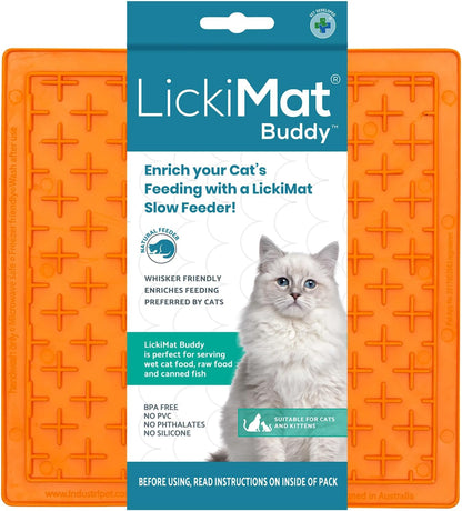 LickiMat Classic Buddy, Cat Slow Feeder Lick Mat, Boredom Anxiety Reducer; Perfect for Food, Treats, Yogurt, or Peanut Butter. Fun Alternative to a Slow Feed Cat Bowl or Dish, Orange