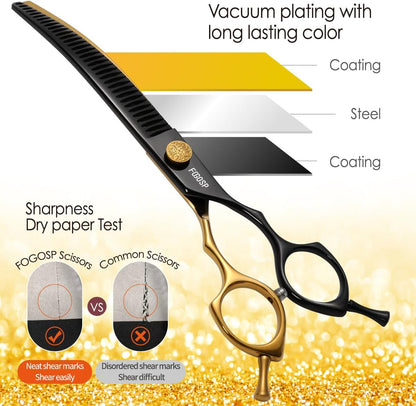 Curved Chunkers Shears Dog Grooming 7.5 in Black & Gold Two Color Professional Curved Thinning Shears for Dog Grooming 35 Teeth Japan 440C 62HRC