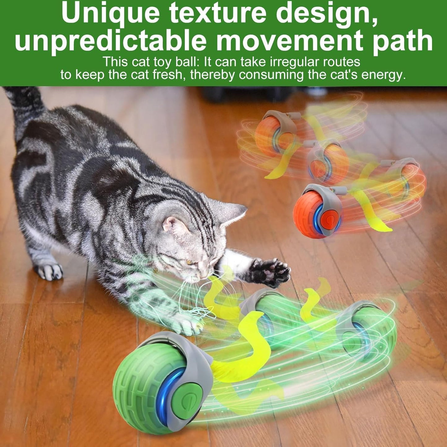 Speedy Tail Interactive Cat Toy Ball, 2025 New Generation, Indoor Play with Replacement Tail (Green-Orange)