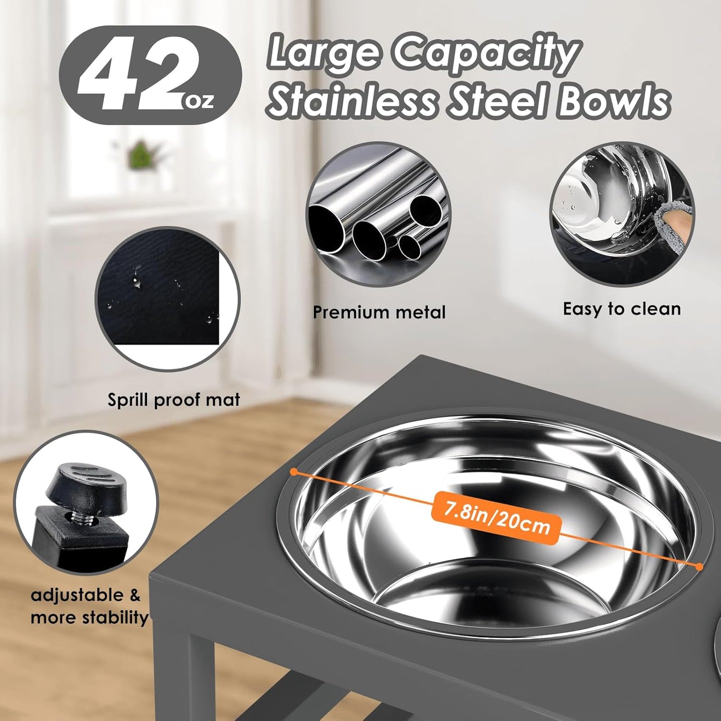 Metal Raised Dog Bowl, 10" Height Tall Elevate Dog Feeder Stand with 2 Stainless Steel 42oz Bowls & 16x24 Non-Slip Mat – Stronger Dogs Food & Water Bowl Stand (Grey)