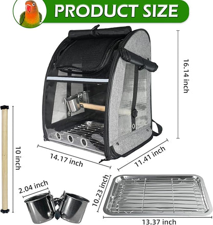 Bird Carrier Bag, Bird Travel Cage with Standing Perch and Indestructible Stainless Steel Mesh, Protable Transparent Breathable Carrier with Feeder Cups for Small Birds Parrot Parakeet, Grey