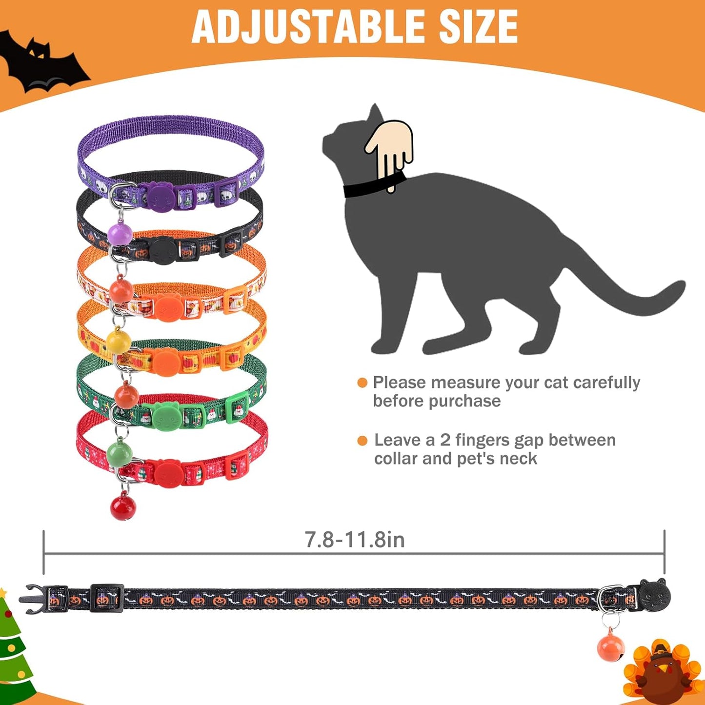 PUPTECK Thanksgiving Cat Collar with Bell 6 Packs Breakaway for Fall Halloween - Autumn Soft Adjustable Kitten Kitty Collars for Small Pet Puppy Bunny Christmas with Safety Release Buckle