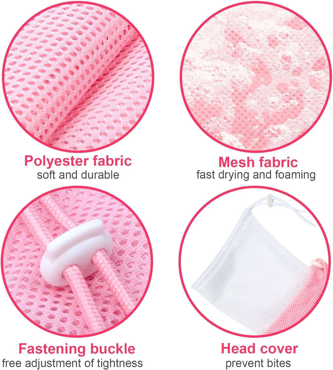 Breathable Mesh Shower Bag - Anti Scratch Adjustable Grooming for Nail Trimming, Bathing - Polyester Soft Cat Washing (White-Pink)