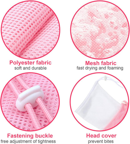 Breathable Mesh Shower Bag - Anti Scratch Adjustable Grooming for Nail Trimming, Bathing - Polyester Soft Cat Washing (White-Pink)
