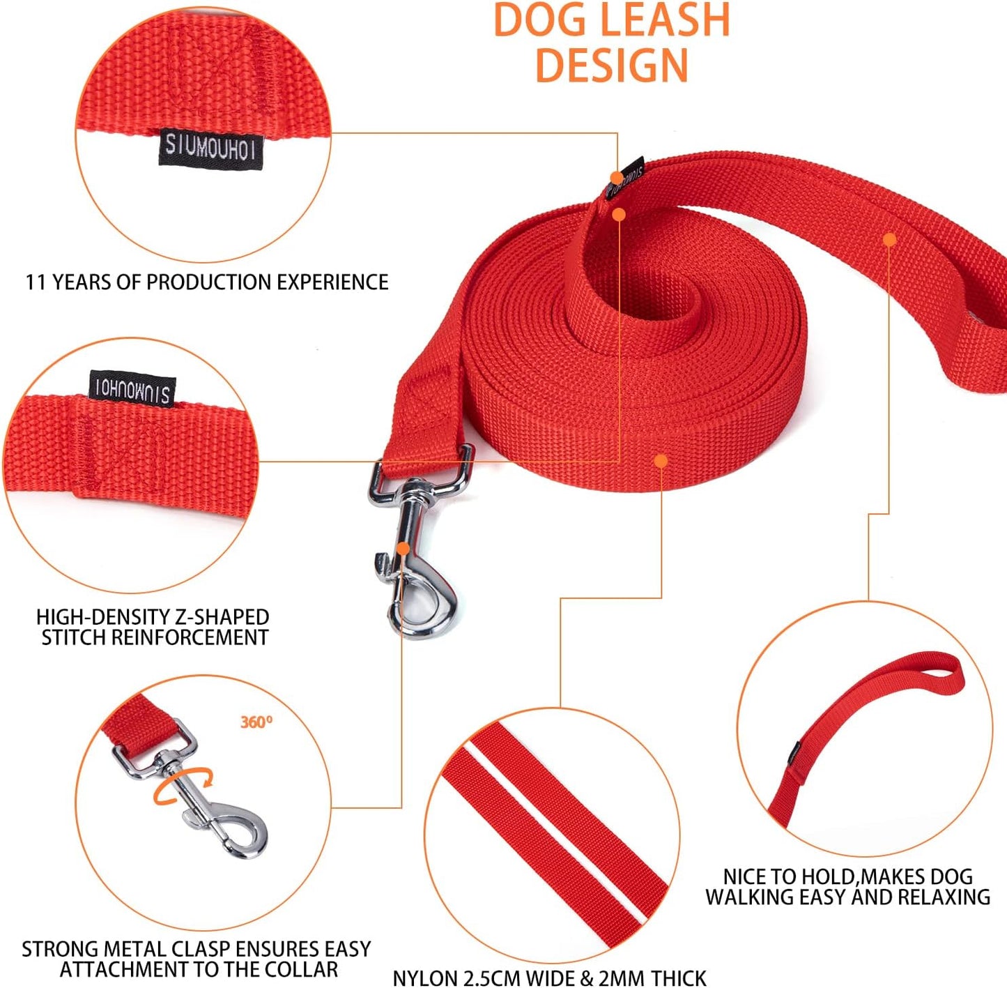 Strong Durable Nylon Dog Training Leash, 1 Inch Wide Traction Rope, 6 ft 10ft 15ft Long, for Small and Medium Dog (Red, 15 Feet)