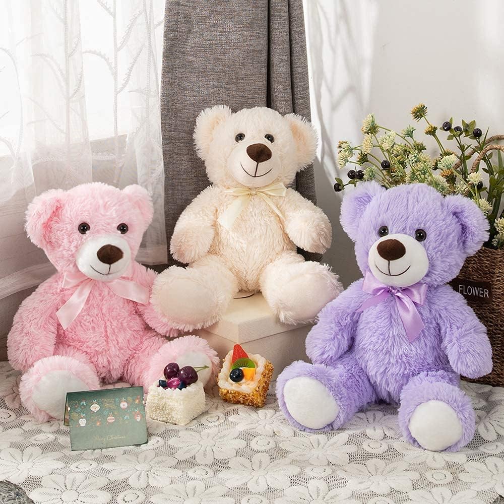 MorisMos 3Pcs Teddy Bears Bulk Baby Shower, 14inch Cute Teddy Bear Stuffed Animals Plush, Small Stuffed Bears on Centerpiece Baby Shower, Pink, Purple, White