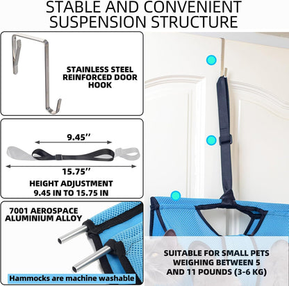 Pet Grooming Hammock for 6-11 lbs Pets - Adjustable Height, Tool Bag, 30 lb Capacity, Door-Hook Hanging, Foldable, Blue