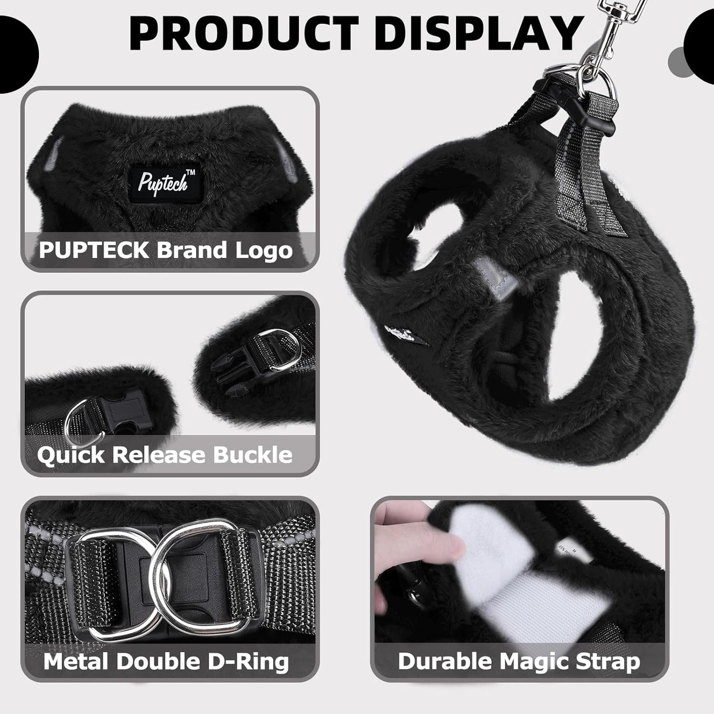 PUPTECK Adjustable Dog Harness Collar and Leash Set Step in No Pull Pet Harness for Small Medium Dogs Puppy and Cats Outdoor Walking Running, Soft Mesh Padded Reflective Vest Harnesses, Black S