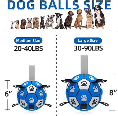 QDAN Dog Ropes Toys, Soccer Ball with Straps, Puppy Birthday Gifts, Durable Balls for Medium Large Dogs-Blue&Grey（8 Inch）