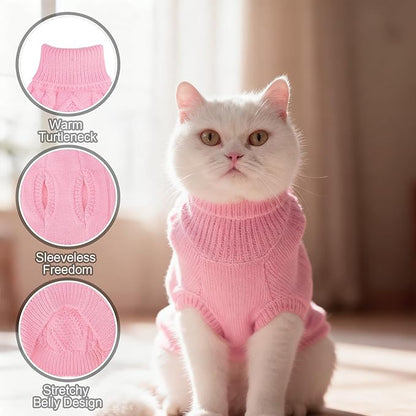 BINGPET Cat Sweater,Thermal Knitted Kitten Clothes Winter Coat,Classic Knit Turtleneck Cat Sweaters for Cats Only,Warm Pet Clothes for Kittens & Small Dogs Puppy Boy Girl Indoor Outdoor(Pink,M)