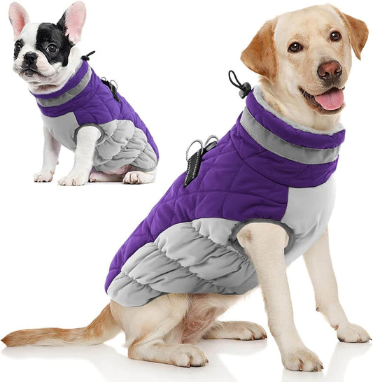 AOFITEE Dog Coat, Warm Dog Winter Coat, Reflective Cold Weather Dogs Puffer Jacket with Harness Built in, Waterproof Pet Fleece Vest Snowsuit for Small Medium Large Dogs, Purple L