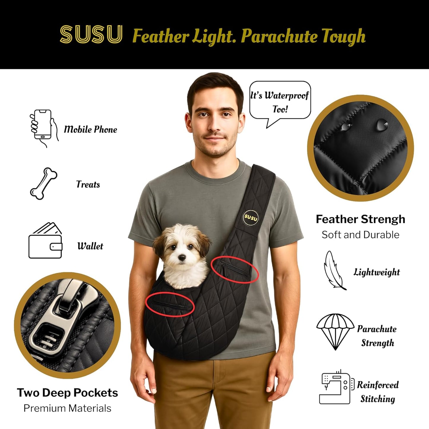 Small Dog Carrier (3–8 lb) – Silk Black. A Puppy Carrier Sling Designed for Little pups Like Yorkies, Toy Poodles, and Pomeranian, Perfect for City Walks and Coffee Runs.