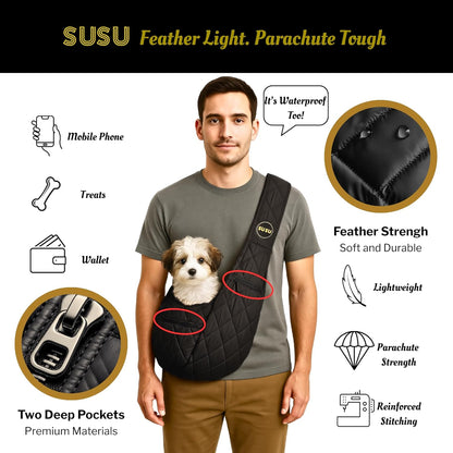 Small Dog Carrier (3–8 lb) – Silk Black. A Puppy Carrier Sling Designed for Little pups Like Yorkies, Toy Poodles, and Pomeranian, Perfect for City Walks and Coffee Runs.