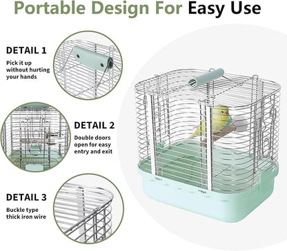 Bird Carrier Travel Cage, Durable Portable Stainless Steel Birdcage with Bird Perch & Feeding Bowl for Parrots Canaries Budgies Lovebirds Conures Cockatiels (Small Light Green)