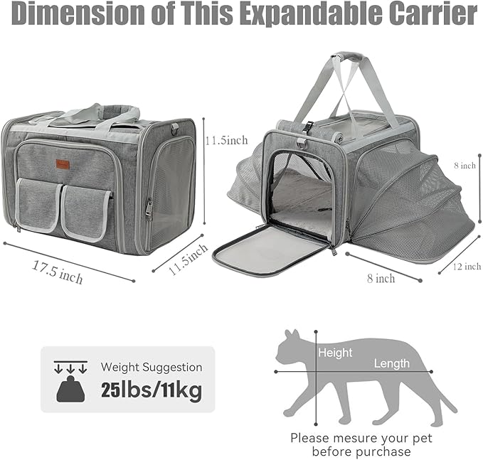 Dog Carrier Cat Carriers Grey Soft Pets Bag Airline Approved Dog Carrier for Small Dogs Carrier,2Sides Expand,Stylish Rabbit Bunny Pets Carriers Travel Outdoor Carry Kennel