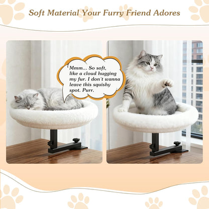 Adjustable Cat Desk Bed, 360° Rotatable Elevated Desk Cat Bed for Home Office, Space-Saving Design Table Supports Up to 60 lbs, Soft Faux Fur Bed with Removable Washable Cover (Beige)