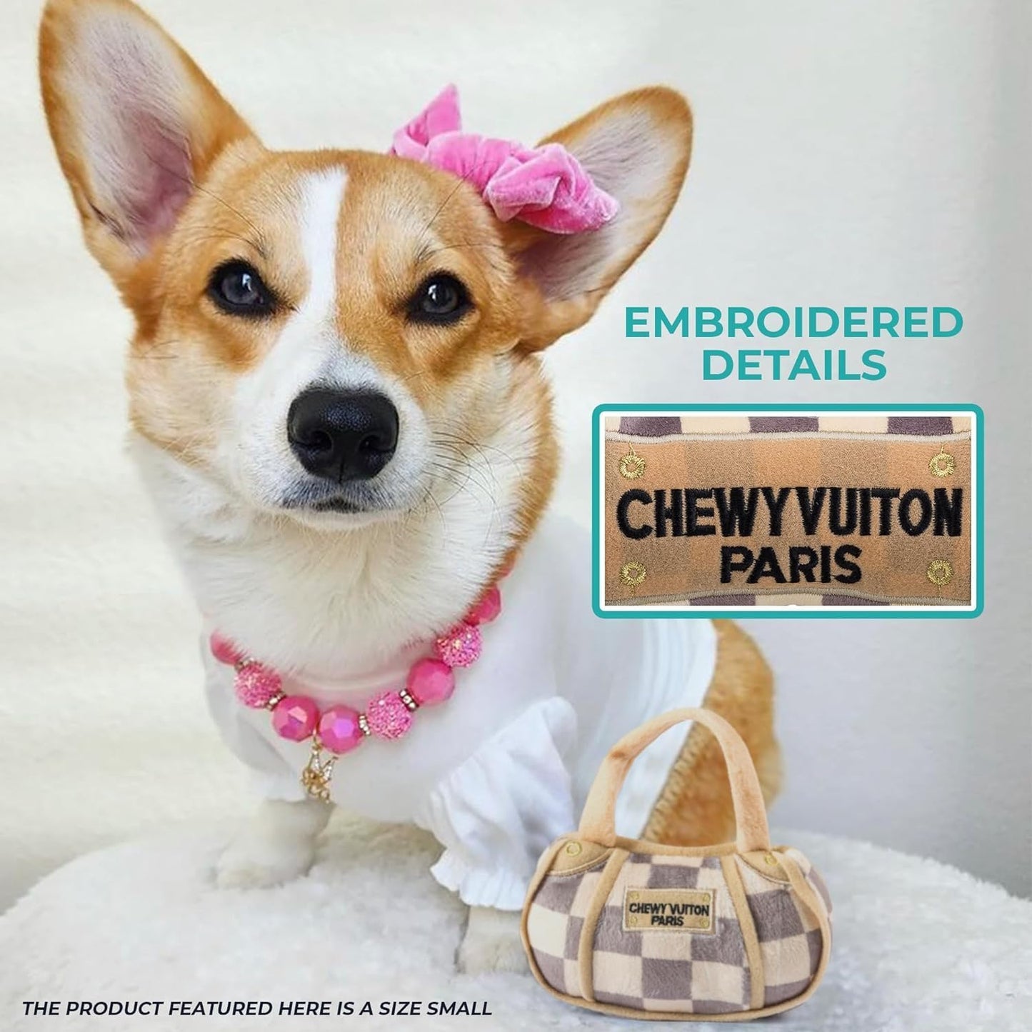 Haute Diggity Dog Checker Chewy Vuiton Handbag, Plush Designer Dog Toys with Interactive Squeaker, Stimulating Pet Enrichment, Machine-Washable & Safe Materials for All Breeds, Size Large