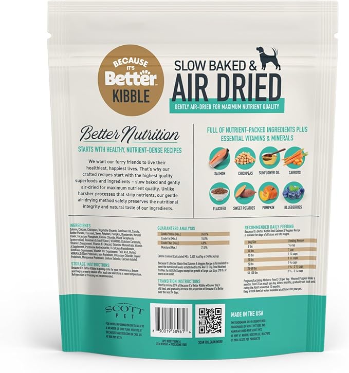 Because it's Better Slow Baked and Air Dried Dog Food, Real Salmon and Veggies, 3lb Bag, Complete and Balanced Dry Dog Food, for All Life Stages