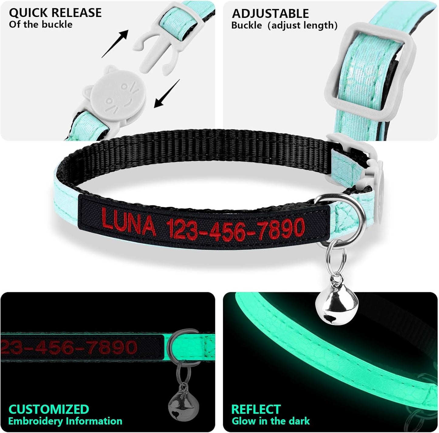 Personalized Nylon Cat Collar Breakaway with Bell, Custom Glow in The Dark ID Collar with Embroidered Name and Phone Number (Glow in The Dark)
