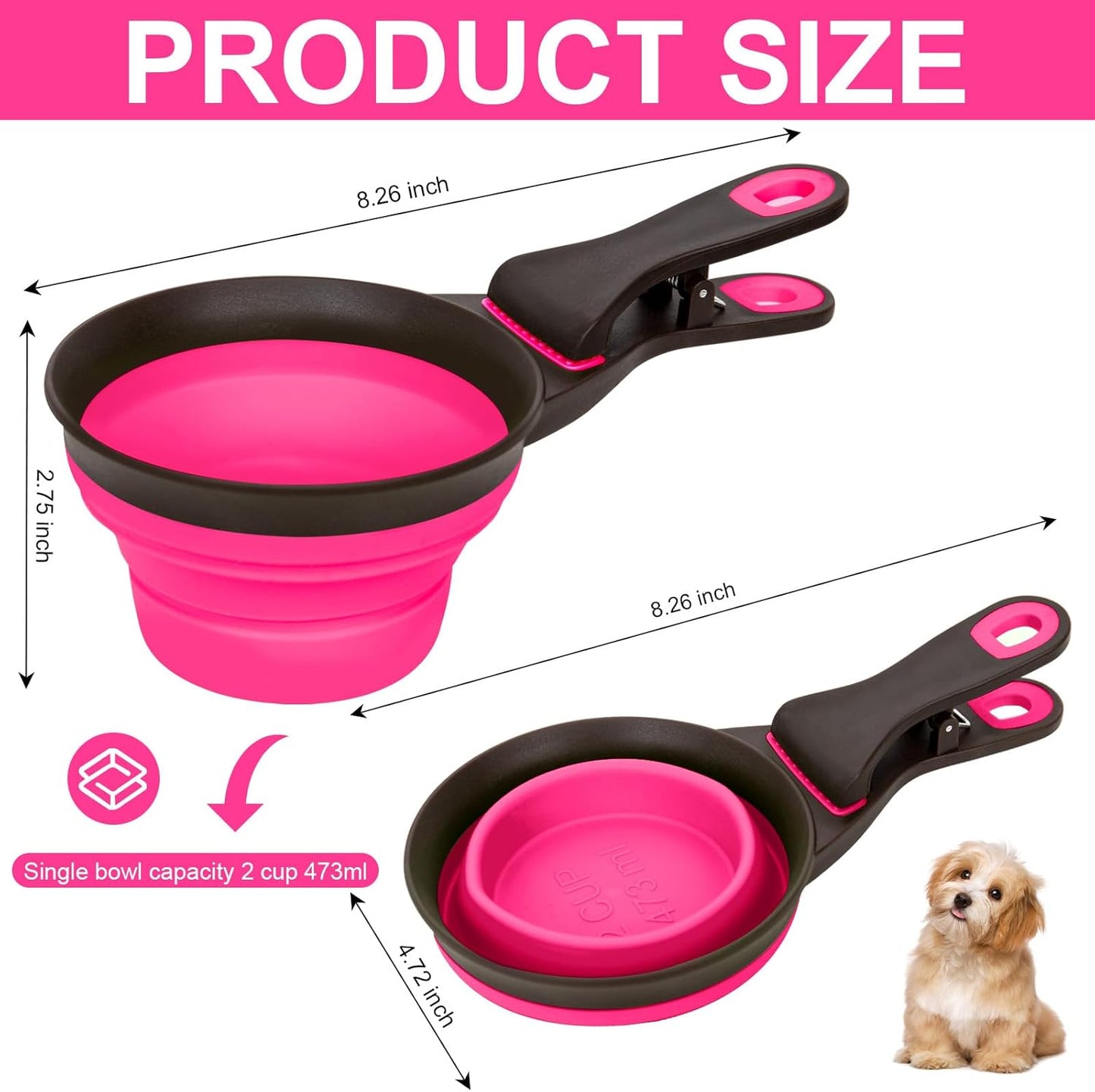 Collapsible Silicone Dog Food Scoop Foldable Pet Food Measuring Cup with Bag Clip 3 in 1 Multi-Function Silicone Dog Food Scooper (Rose Red, Large)