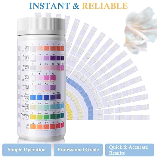 9 in 1 Aquarium Test Strips - 120ct Aquarium Water Test Kit for Freshwater & Saltwater Fish Tank, Testing: Fe, Cu, Nitrate, Nitrite, Chlorine, GH, Alkalinity, Carbonate, PH