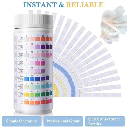 9 in 1 Aquarium Test Strips - 120ct Aquarium Water Test Kit for Freshwater & Saltwater Fish Tank, Testing: Fe, Cu, Nitrate, Nitrite, Chlorine, GH, Alkalinity, Carbonate, PH