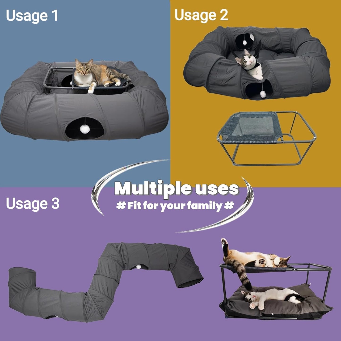 XxingSheep 2-Tier Cat Tunnel & Hammock Bed XXL, 4 Cave Shuttle with Elevated for Multiple Cats Toy Dark Grey