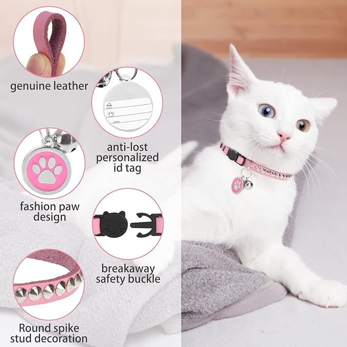 Leather Personalized Breakaway Cat Collar with Studded Bell and Safety Quick Release Buckle - Rivets Studded ID DIY Collars for Boy Girl Cats Kittens, 9" - 11.5" Pink