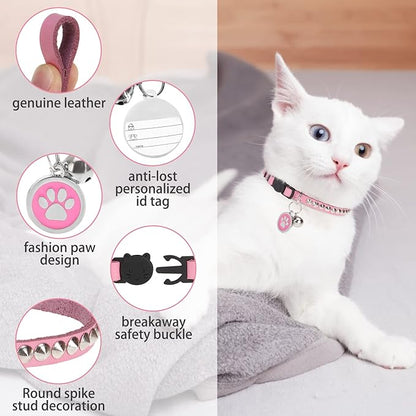 Leather Personalized Breakaway Cat Collar with Studded Bell and Safety Quick Release Buckle - Rivets Studded ID DIY Collars for Boy Girl Cats Kittens, 9" - 11.5" Pink