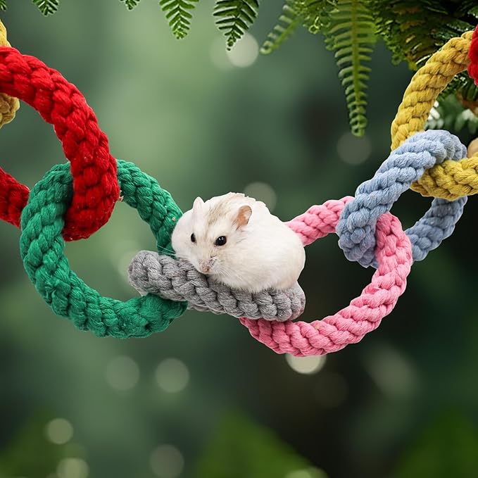Sugar Glider Toys, Hanging Cotton Rope Ring Climbing Toy for Little Pet, Rat Toys, Sugar Glider Cage Accessories, Exercise Toys for Sugar Glider, Rat, Squirrel, Bird, Other Little Climber （Long）
