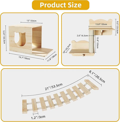 Wood Cat Wall Shelves, Cat Wall Furniture Solid Wooden Feline Shelf, 5 Piece Shelves and Perches with Bed, House, Steps, Bridge Ladder and Scratching Post