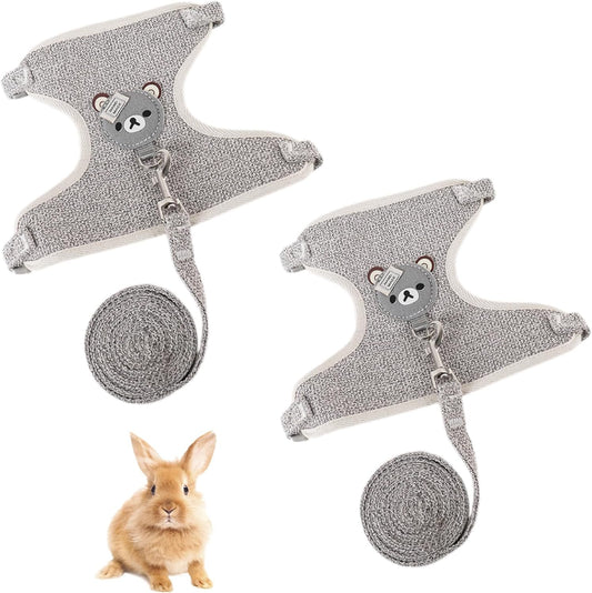 2-Pack Rabbit Harness and Leash Set – Adjustable Small Animal Vest Harness with Safety Buckle – Breathable & Lightweight – Ideal for Rabbits, Ferrets, Guinea Pigs, and Cats (Grey)