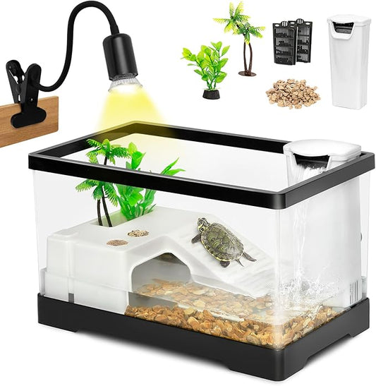 AZV Small Turtle Tank Kit,PC Starter Aquarium Indoor,Red Eared Slider Aquatic for Baby Tortoise,Fishes and Amphibians,Include Basking Platform*1,Filter*1,Filter Plates*2,Plants*2,Lamp*1,Bulb*1,Stone*1