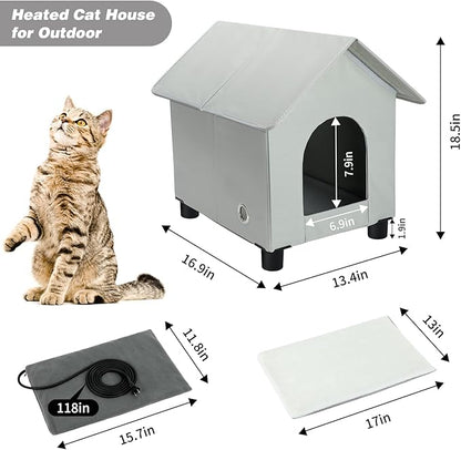 BWOGUE Elevated Heated Cat House for Outdoor Cats in Winter, Waterproof & Insulated Feral Cat Shelter for Outside Cats,Weatherproof Feral Cat House for Outside(Grey)