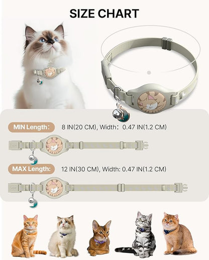Cat Collar with Airtag Holder, Breakaway Airtag Cat Collar for Apple Air Tag with Luminous & Reflective Pattern, Waterproof GPS Cat Tracker Collars for Boy Girl Cats Kittens with Bell, Khaki (8-12")