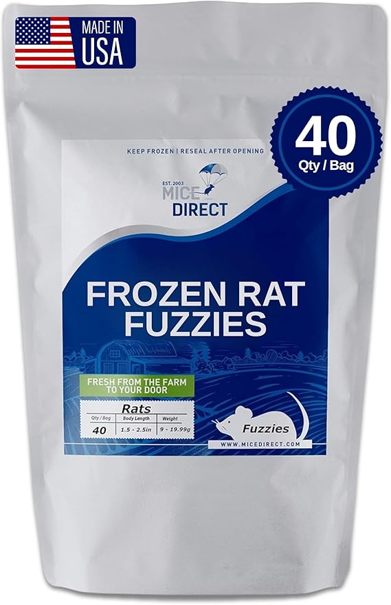 MiceDirect 40 Frozen Rat Fuzzies Feeders Snake Food for Adult Corn Snakes Ball Pythons (2-2.5 in)(360 Grams Min)(40 Count)