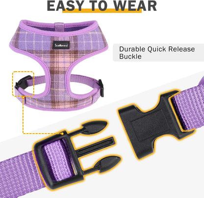 SCENEREAL Puppy Dog Harness with Leash Set for Small Medium Sized Dogs, Soft Mesh Step in Pet Harnesses and Leash, No Chock Plaid Adjustable No Pull Vest for Dogs Cats, Chihuahua,Bulldog (Purple XS)