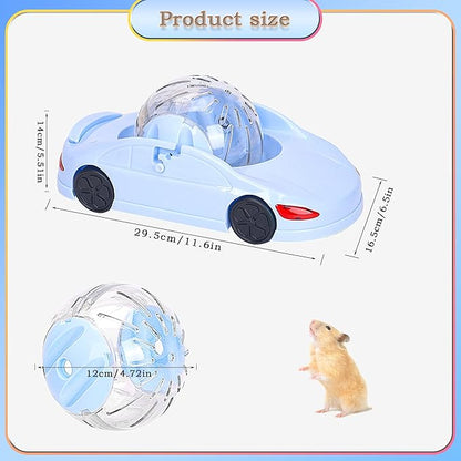 3-in-1 Hamster Car Toy, Silent Dwarf Hamster Running Ball and Exercise Wheel 4.8 Inches, Small Pet Activity Center (Blue)