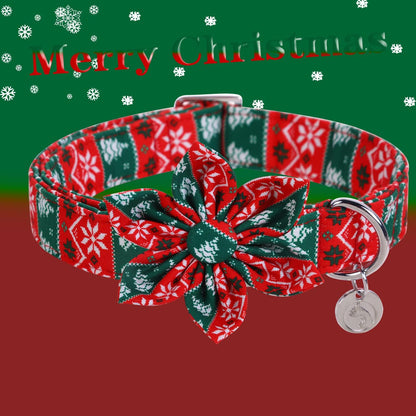 DOGWONG Christmas Dog Collar with Flower, Red Green Strip Snowflake Dog Collar Soft Durable Adjustable Cotton Puppy Collar for Small Medium Large Dog